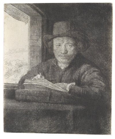 窓際に自画像を描く 作： Rembrandt van Rijn